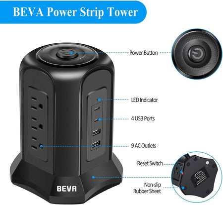 Power Strip Tower Surge Protector 10Ft Flat Plug Desktop Charging Station 9 AC Outlets 4 USB Ports, 900 Joules, Long Extension Cord for Home Office Appliances Smartphones Computer Tablets(Black)